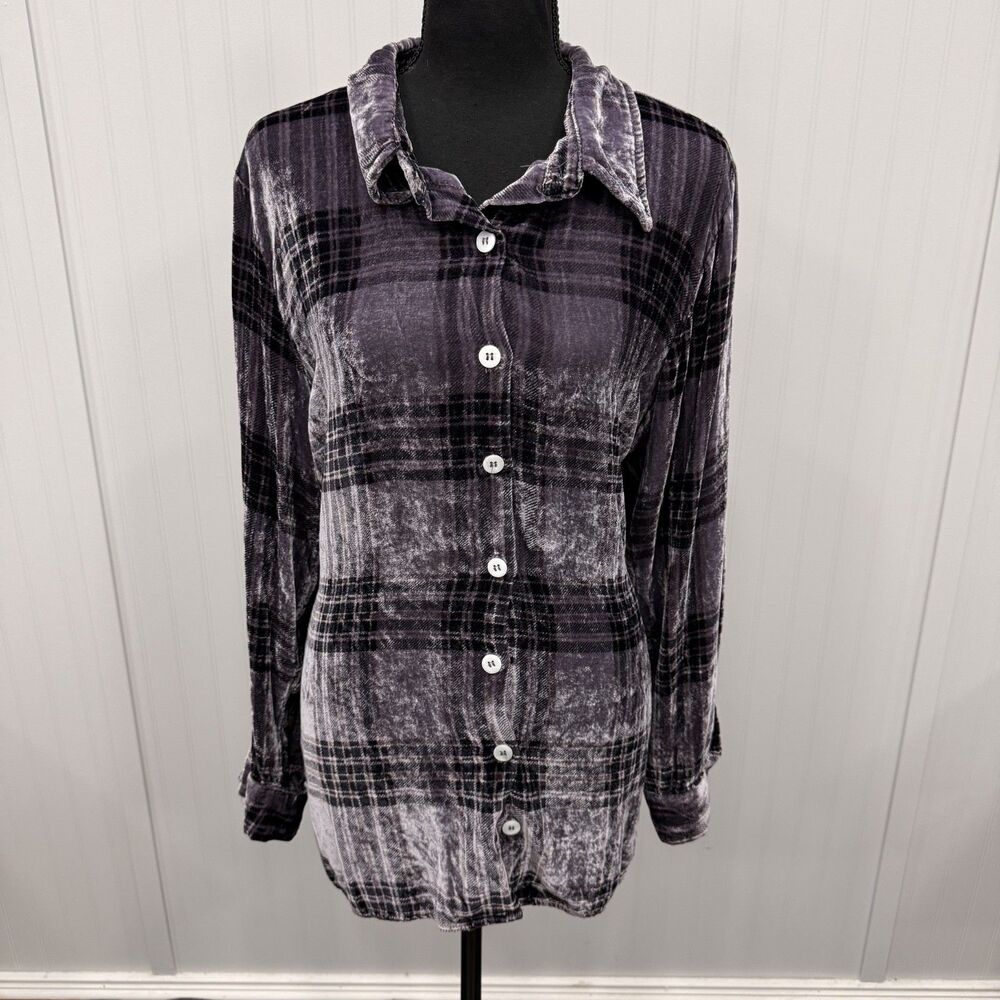 Soft Surroundings Women's XL Purple Velvet Plaid Button Up Tunic Refined Luxury